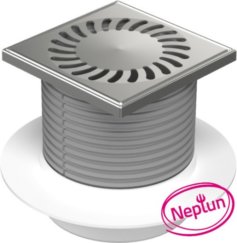Floor drain with bottom outlet D50, NEPTUN, collar, stainless steel grid SUN