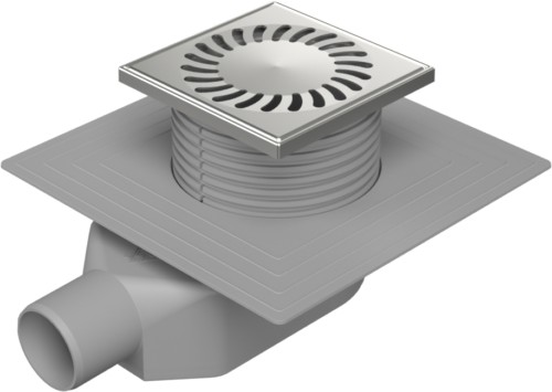 Floor drain-low with side outlet D50, collar, stainless steel frame, grid SUN