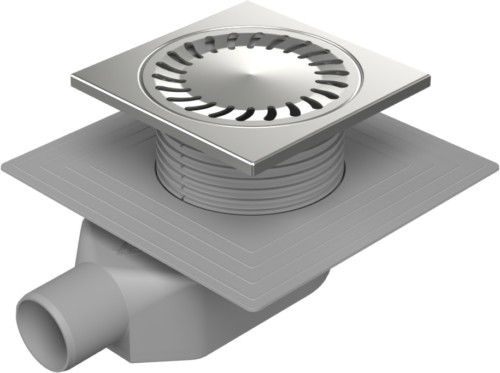 Floor drain-low with side outlet D50, collar, stainless steel frame, grid SUN