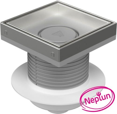 Floor drain with bottom outlet D50, NEPTUN, collar, stainless steel frame, grid CERAMICS