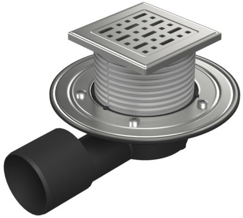 Floor drain with side outlet D50/75, stainless steel flange, frame, grid FACE