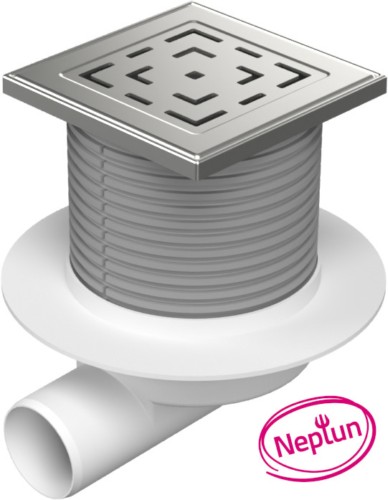 Floor drain with side outlet D50, NEPTUN, collar, stainless steel grid LABYRINTH