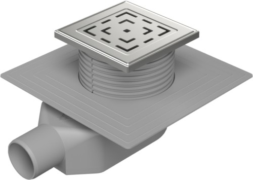 Floor drain-low with side outlet D50, collar, stainless steel frame, grid LABYRINTH