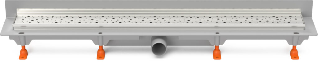 Linear. floor drain with  SS frame to wall side outlet D40, 950 mm, Drops grid gloss