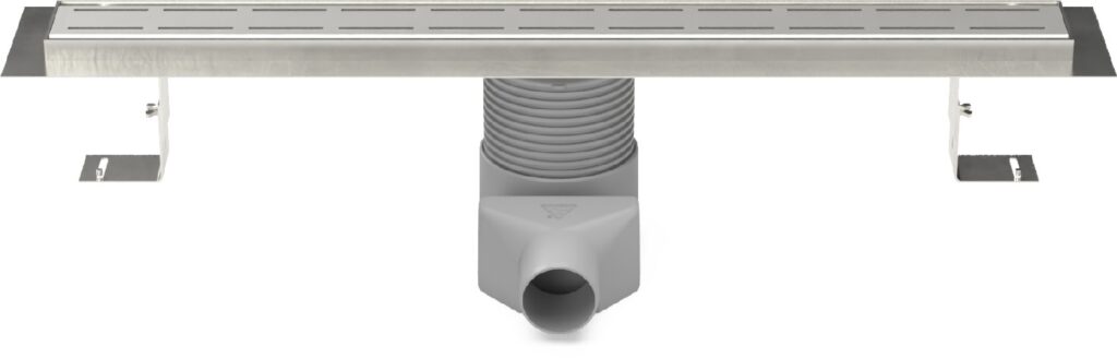 Stainless steel linear floor drain, side outlet D50, plastic siphone, 1050mm, Line grid gloss