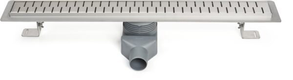Stainless steel linear floor drain, side outlet D50, plastic siphone, 950mm, Klasik grid gloss