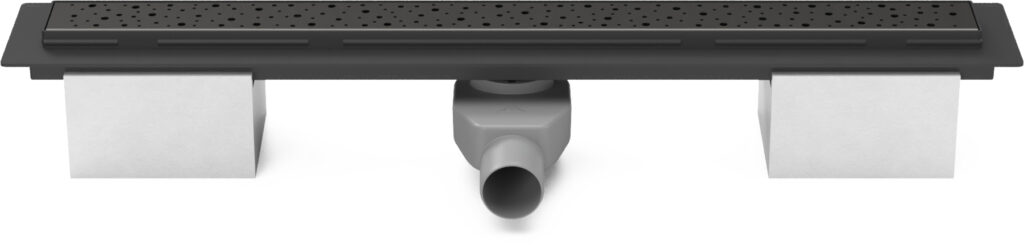 Linear floor drain black 950mm with side outlet D50 and swivel siphon 360°, Drops grid black