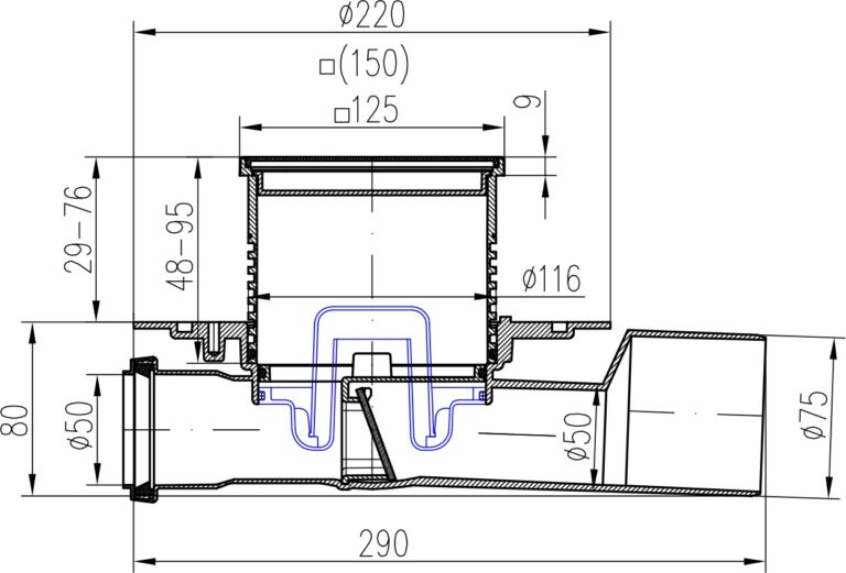 Multi-inlet floor drain, side outlet D50/75, stainless steel flange ...