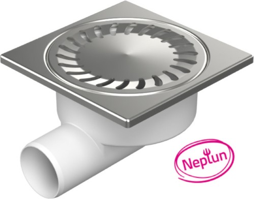 Floor drain with side outlet D50/95, NEPTUN, stainless steel flange, grid SUN