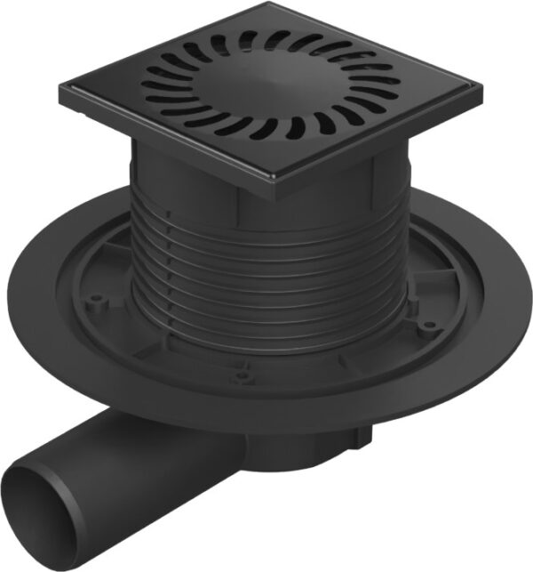 Floor drain with side outlet black D50, stainless steel grid SUN black