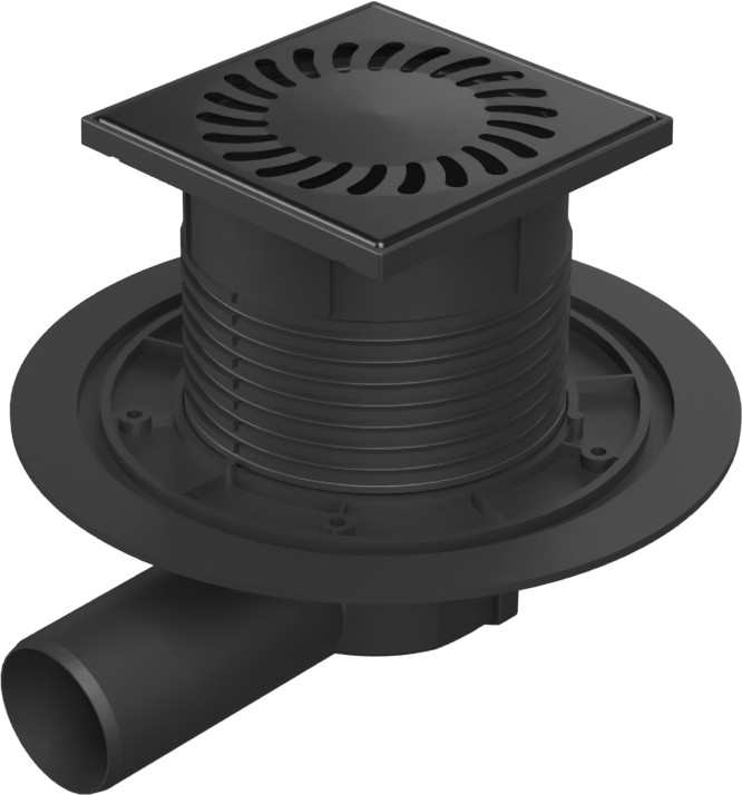 Floor drain with side outlet black D50, stainless steel grid SUN black