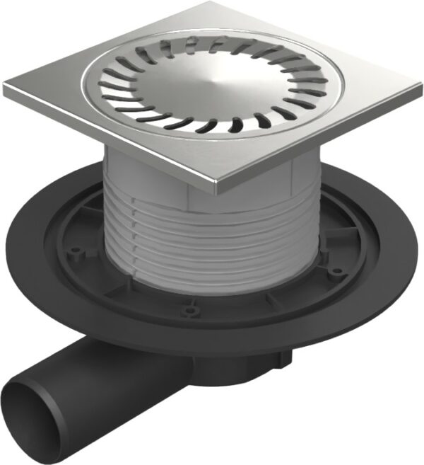 Floor drain with side outlet D50, stainless steel frame, grid SUN