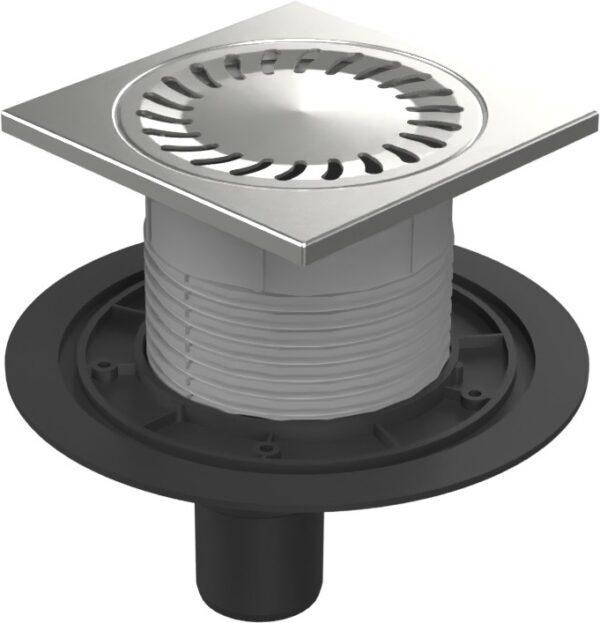 Floor drain with bottom outlet D50, stainless steel frame, grid SUN