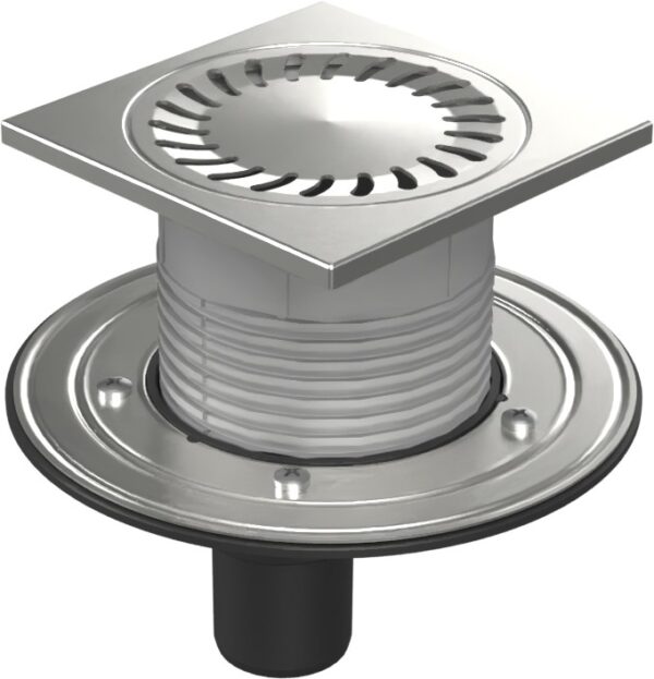 Floor drain with bottom outlet D50, stainless steel flange, frame, grid SUN