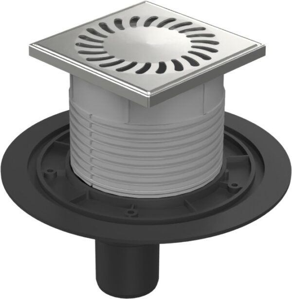 Floor drain with bottom outlet D50, stainless steel frame, grid SUN