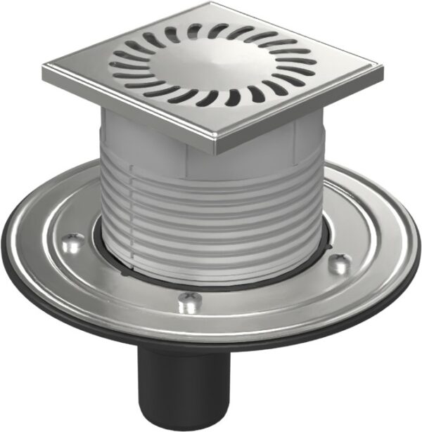Floor drain with bottom outlet D50, stainless steel flange, frame, grid SUN
