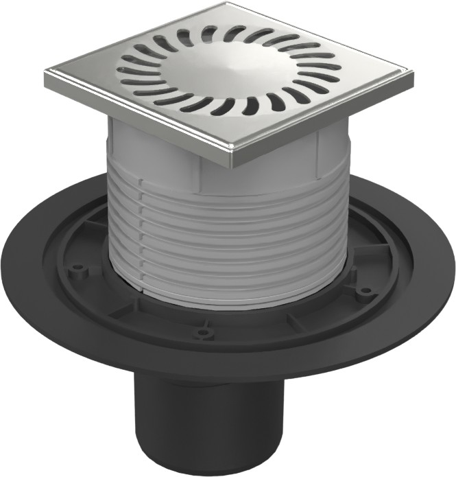 Floor drain with bottom outlet D75, stainless steel grid SUN