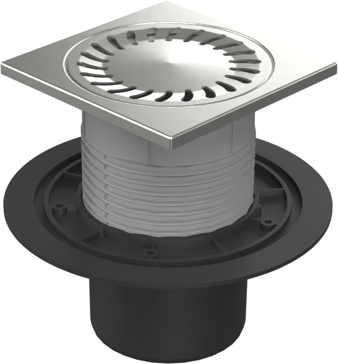 Floor drain with bottom outlet D110, stainless steel frame, grid SUN