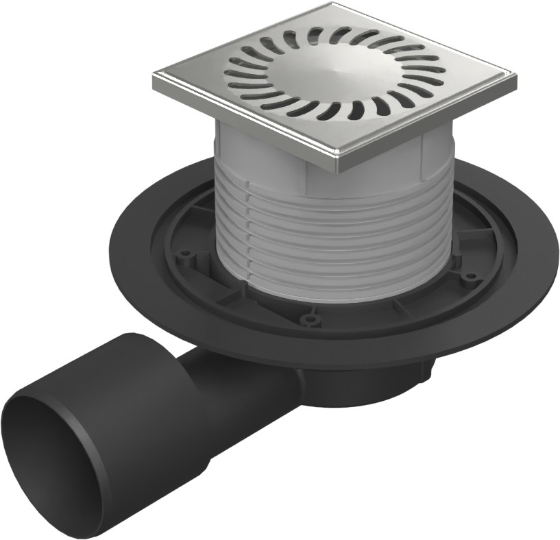 Floor drain with side outlet D50/75, NEPTUN, stainless steel grid SUN