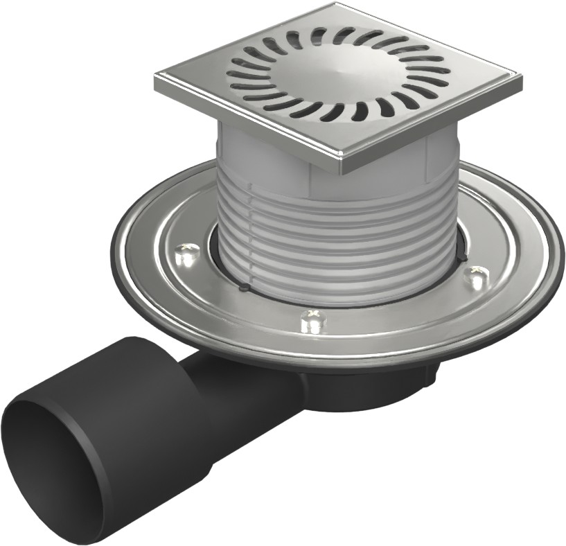 Floor drain with side outlet D50/75, NEPTUN, stainless steel flange, grid SUN