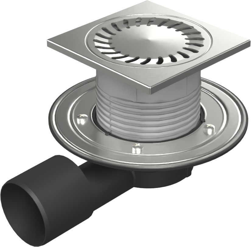 Floor drain with side outlet D50/75, NEPTUN, stainless steel flange, frame, grid SUN