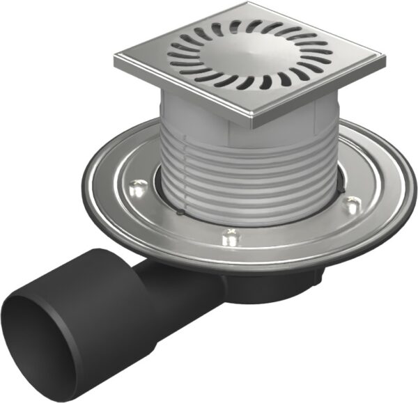 Floor drain with side outlet D50/75, stainless steel flange, frame, grid SUN