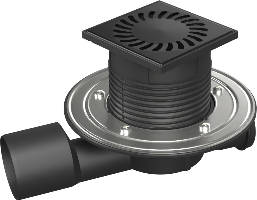 Multi-inlet floor drain black, side outlet D50/75, stainless steel flange, grid SUN black