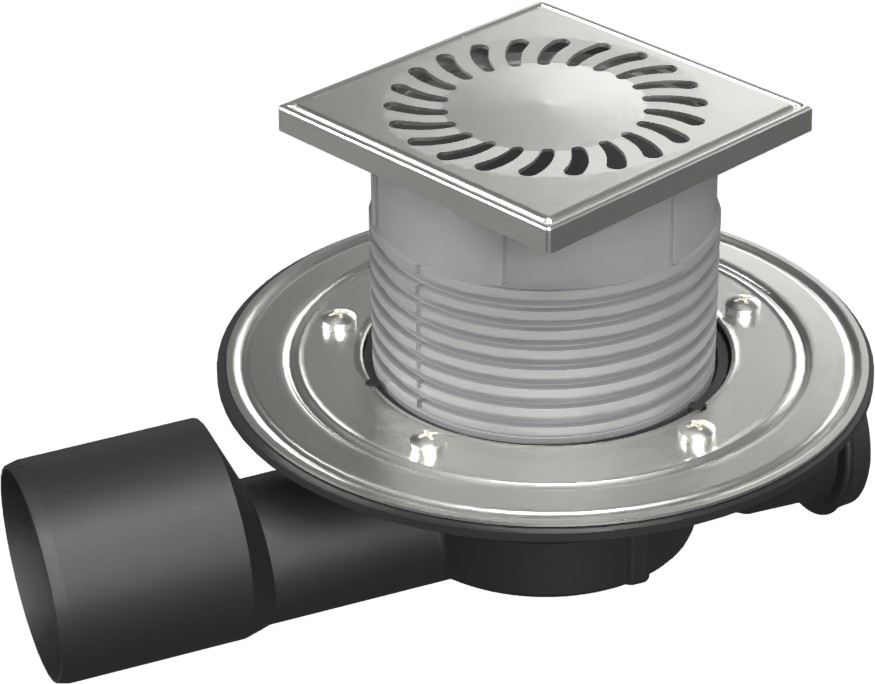 Multi-inlet floor drain, side outlet D50/75, NEPTUNE, stainless steel flange, grid SUN