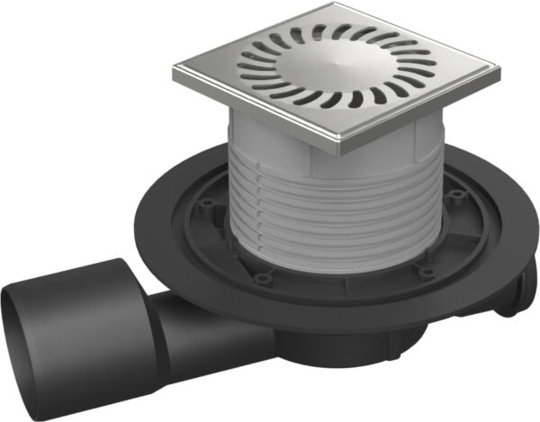 Multi-inlet floor drain, side outlet D50/75, NEPTUNE, stainless steel frame, grid SUN