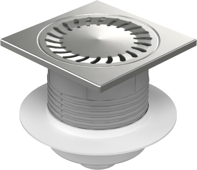 Floor drain with bottom outlet D50, NEPTUN, collar, stainless steel frame, grid SUN