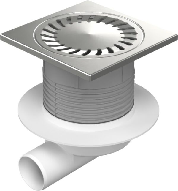 Floor drain with side outlet D50, NEPTUN, collar, stainless steel frame, grid SUN