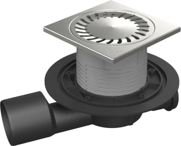 Multi-inlet floor drain, side outlet D50/75, stainless steel frame, grid SUN