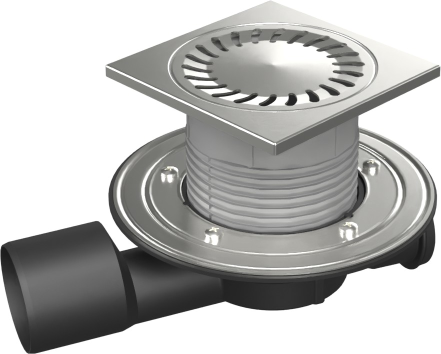 Multi-inlet floor drain, side outlet D50/75, NEPTUNE, stainless steel flange, frame, grid SUN