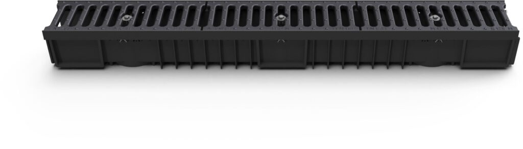 Exterior gutter with cast iron grid