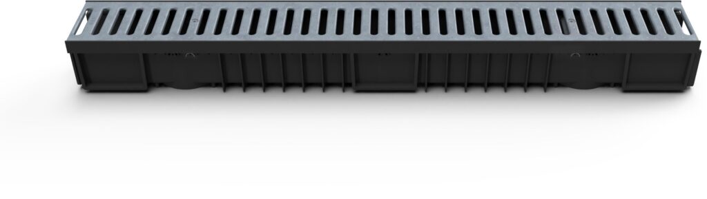 Exterior gutter with zinc-plated grid