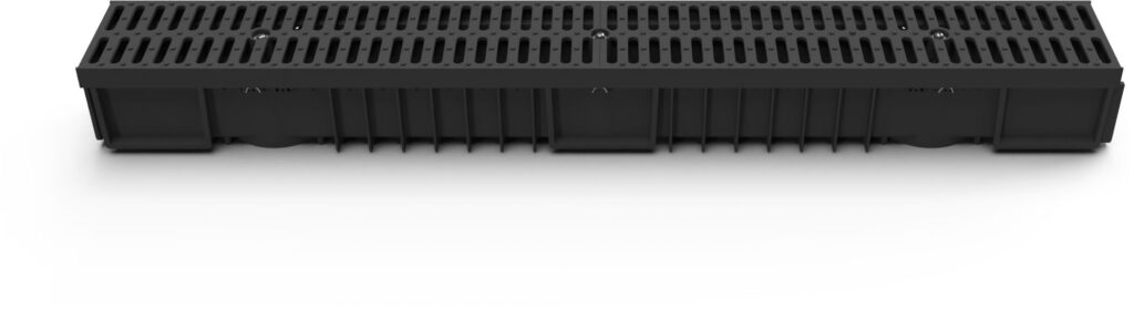 Exterior gutter with plastic grid