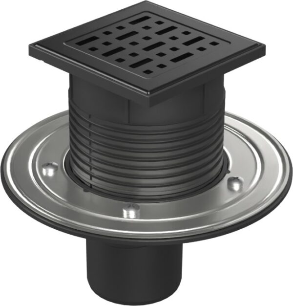 Floor drain with bottom outlet black D75, stainless steel flange, grid FACE black