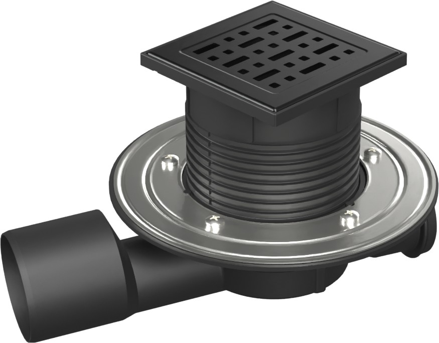 Multi-inlet floor drain black, side outlet D50/75, NEPTUNE, stainless steel flange, grid FACE black