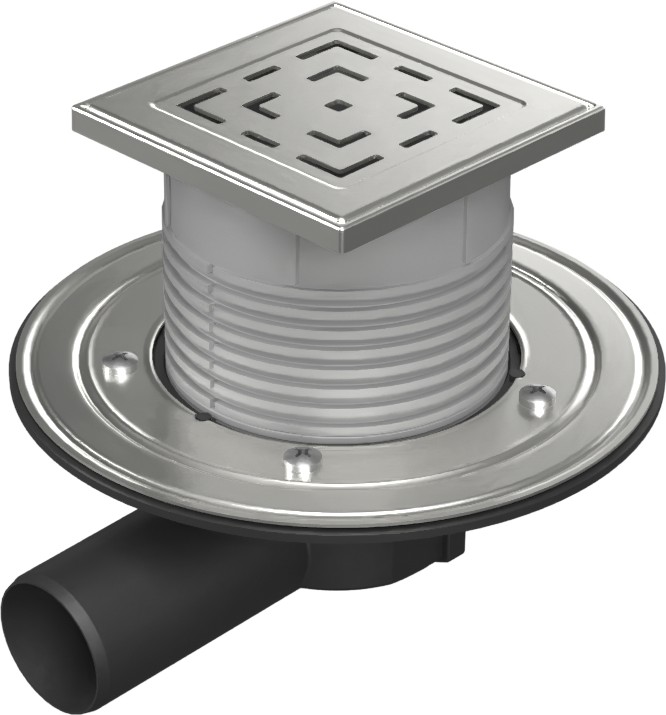 Floor drain with side outlet D50, stainless steel flange, grid LABYRINTH