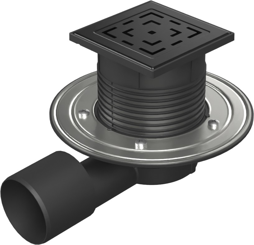 Floor drain with side outlet black D50/75, NEPTUN, stainless steel flange, grid LABYRINTH black