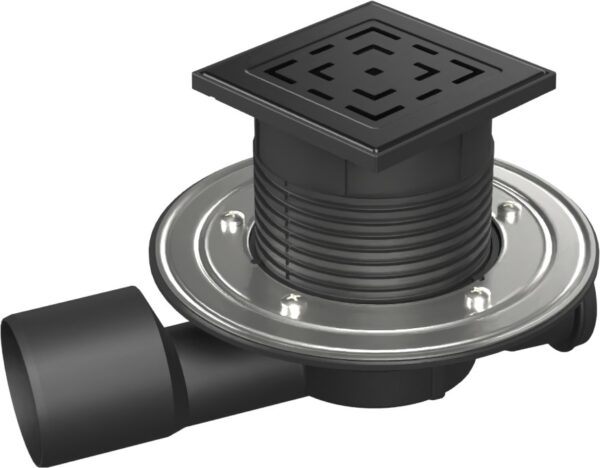 Multi-inlet floor drain black, side outlet D50/75, NEPTUNE, ss flange, grid LABYRINTH black