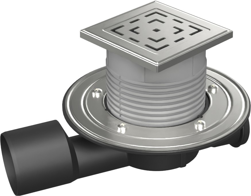 Multi-inlet floor drain, side outlet D50/75, NEPTUNE, stainless steel flange, grid LABYRINTH