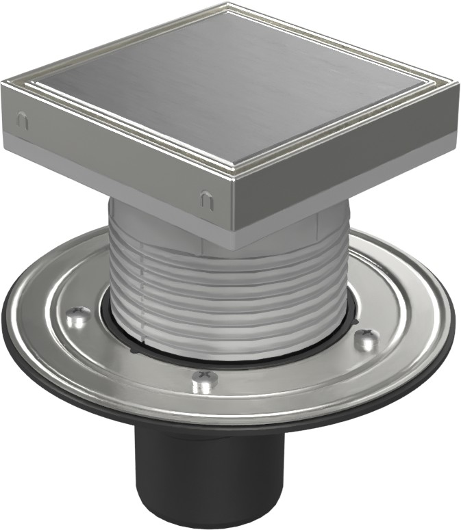 Floor drain with bottom outlet D75, stainless steel flange, frame, grid STEEL