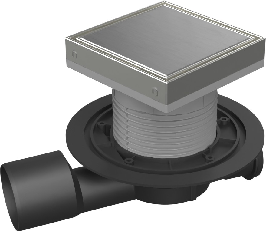 Multi-inlet floor drain, side outlet D50/75, stainless steel frame, grid STEEL