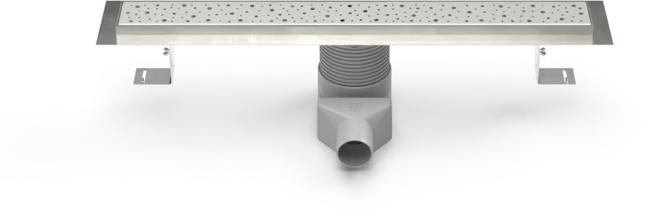 Stainless steel linear floor drain, side outlet D50, plastic siphone, 950mm, Drops grid gloss