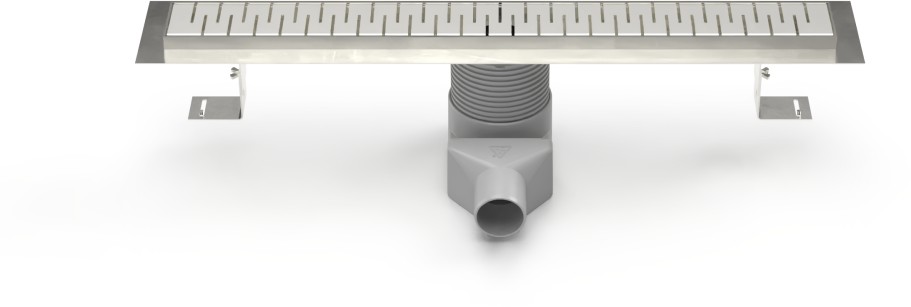 Stainless steel linear floor drain, side outlet D50, plastic siphone, 950mm, Medium grid gloss