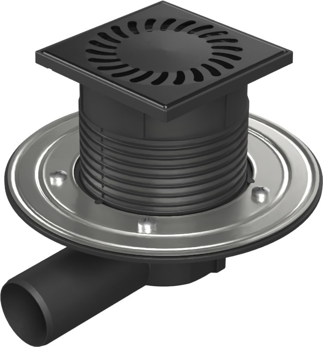 Floor drain with side outlet black D50, stainless steel flange, grid SUN black