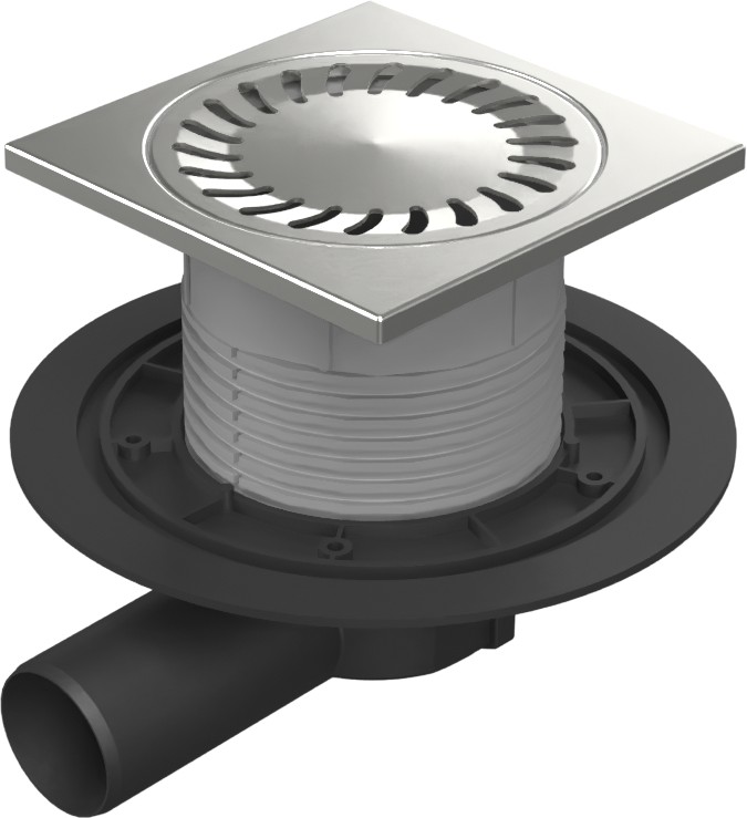 Floor drain with side outlet D50, stainless steel frame, grid SUN 150