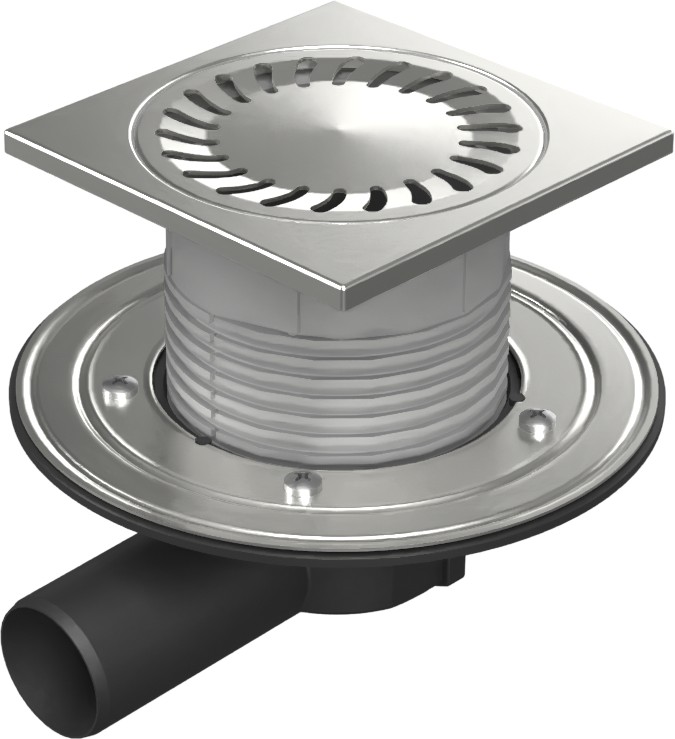 Floor drain with side outlet D50, stainless steel flange, frame, grid SUN
