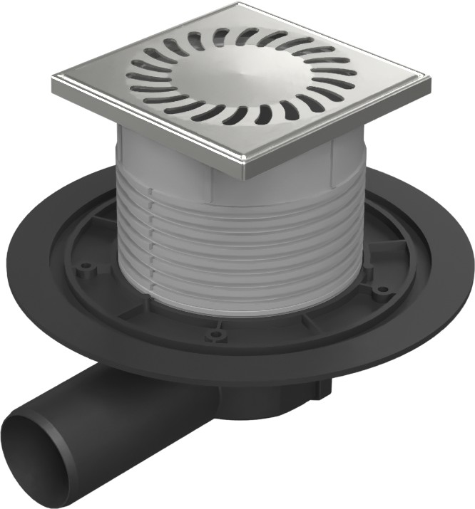 Floor drain with side outlet D50, stainless steel frame, grid SUN